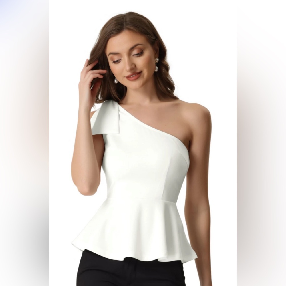 Allegra K Cream One-Shoulder Top